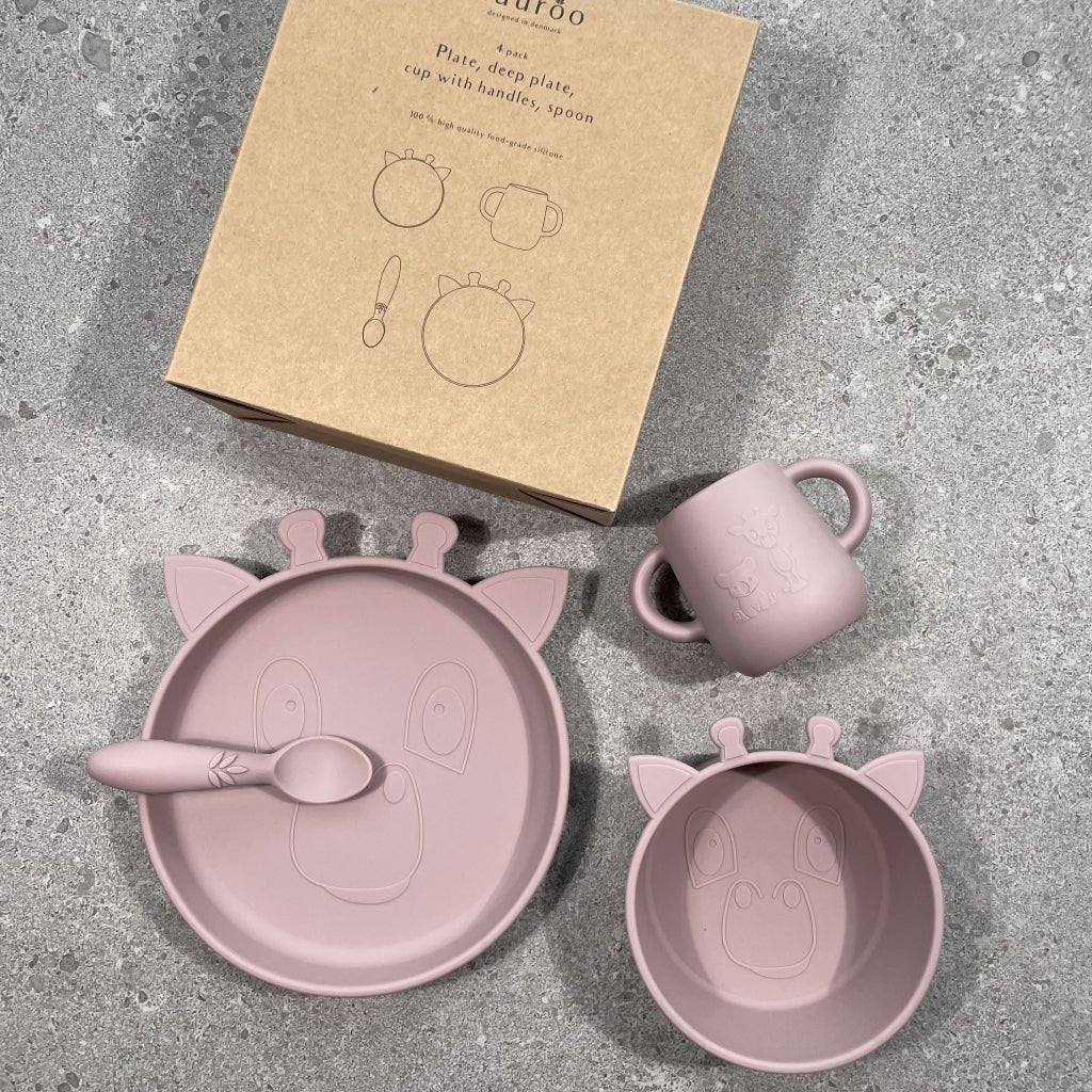 Lykke siliconen dinerset 4-pack Giraffe Woodrose